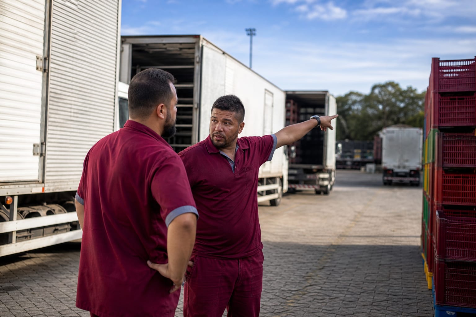 Dois motoristas de entrega conversando ao lado de caminhões baú no pátio de uma distribuidora