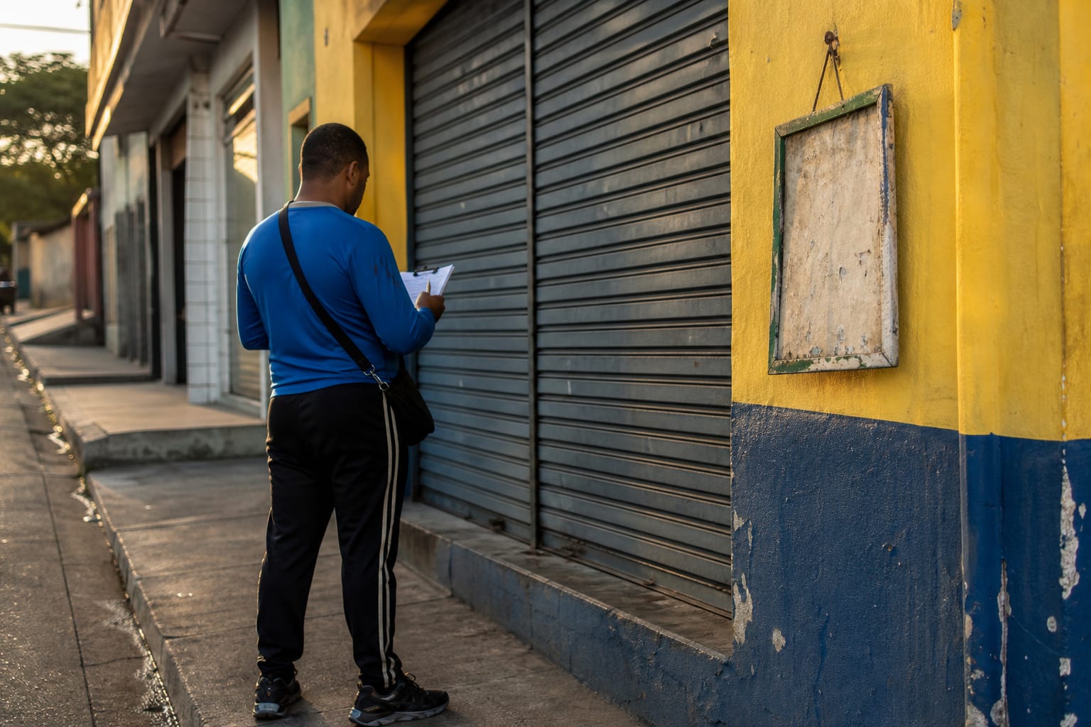 Entregador diante da porta fechada de um mercadinho de bairro conferindo papéis na prancheta
