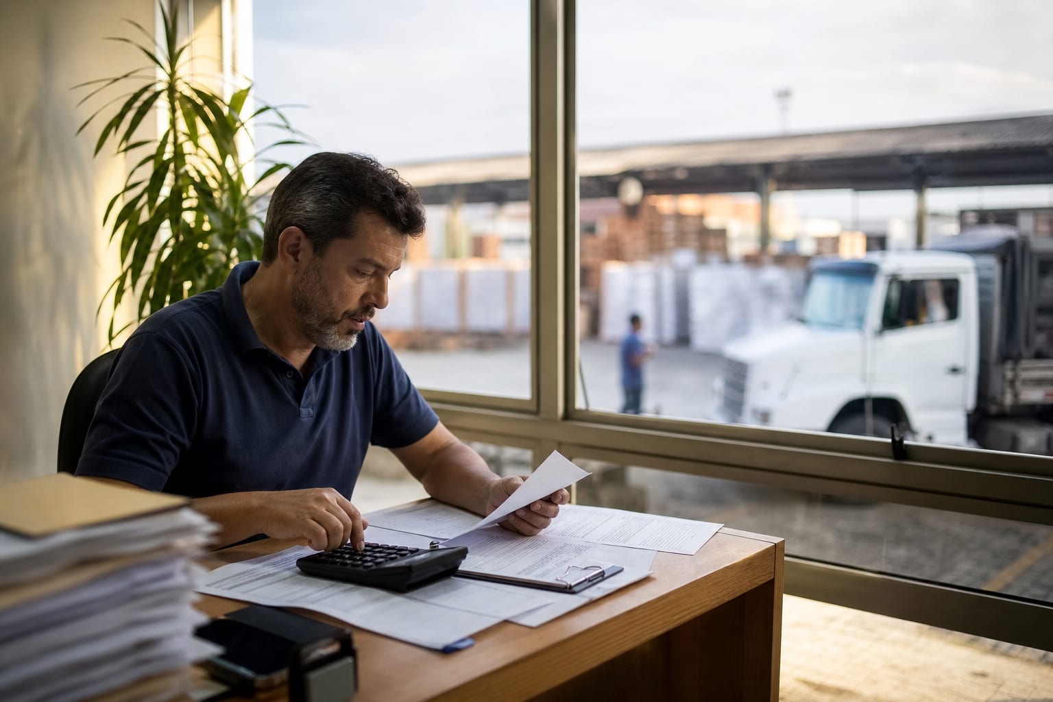 Dono de distribuidora com calculadora e papéis na mesa, com o pátio e um caminhão pela janela