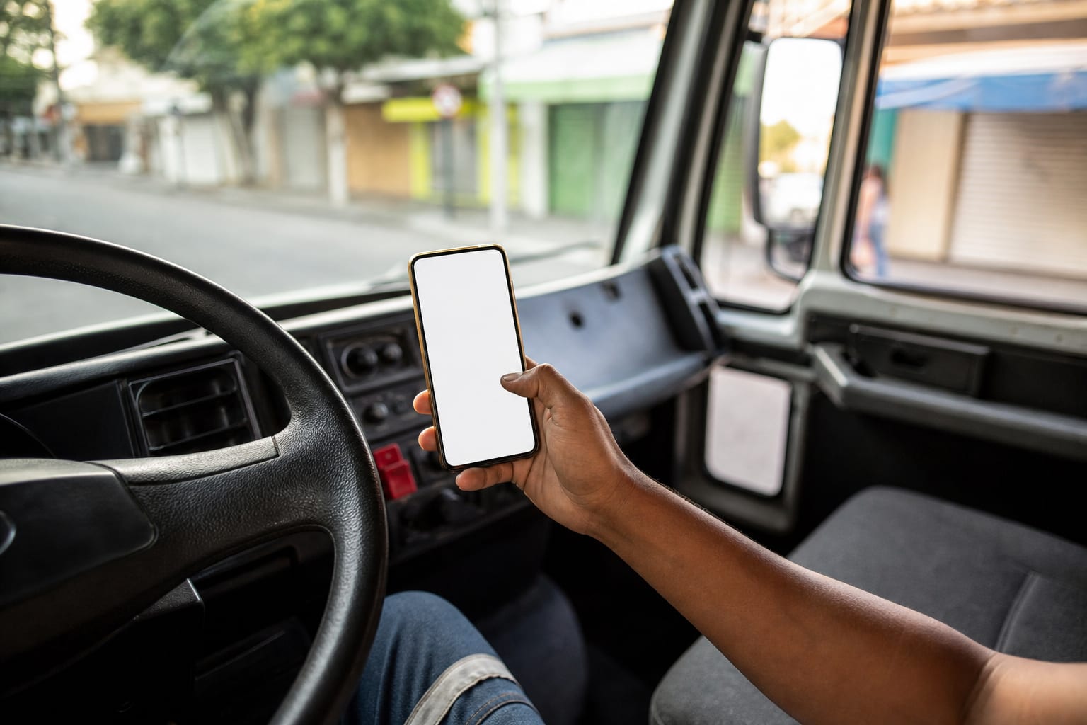 Mão de motorista segurando o celular dentro da cabine de um caminhão de entrega parado em rua de bairro