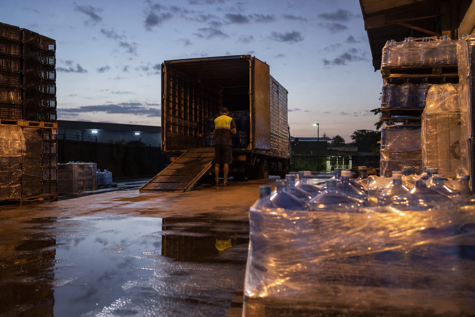 Pátio de distribuidora antes do amanhecer com garrafões de água azuis e engradados empilhados ao lado do caminhão baú aberto